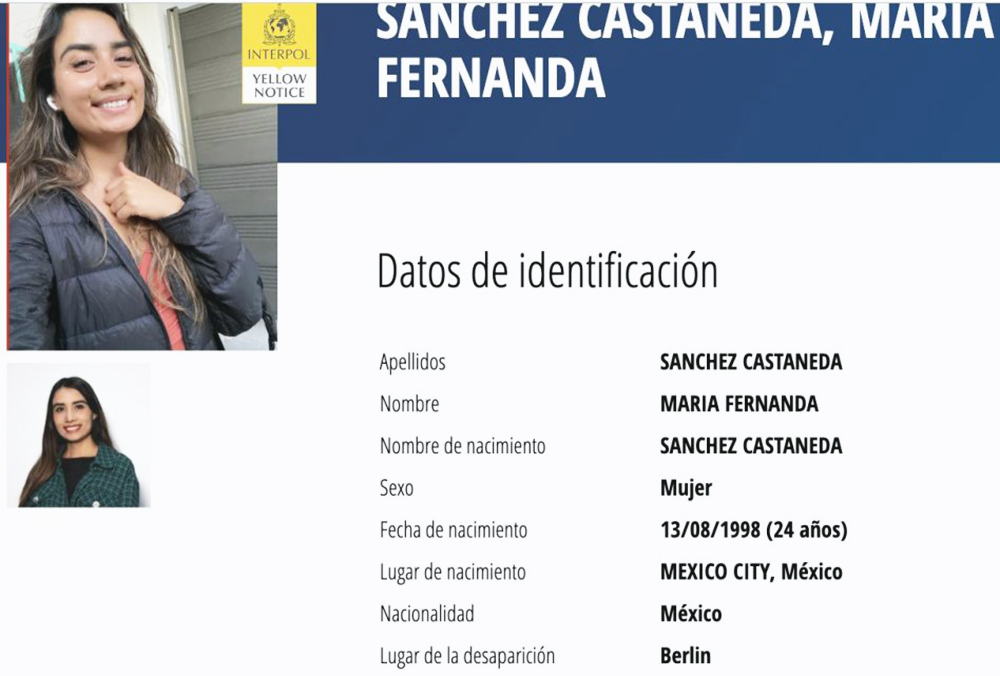 Interpol emite ficha amarilla para María Fernanda, desaparecida en Berlín