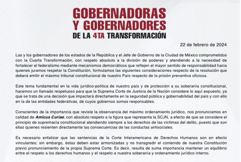Fijan postura gobernadores de Morena respecto a prisión preventiva oficiosa